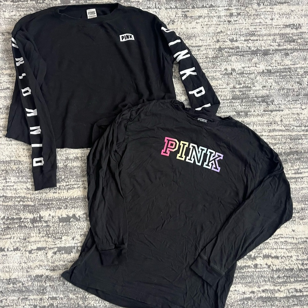PINK Victoria's Secret Black Long Sleeve Tees with Graphic Details